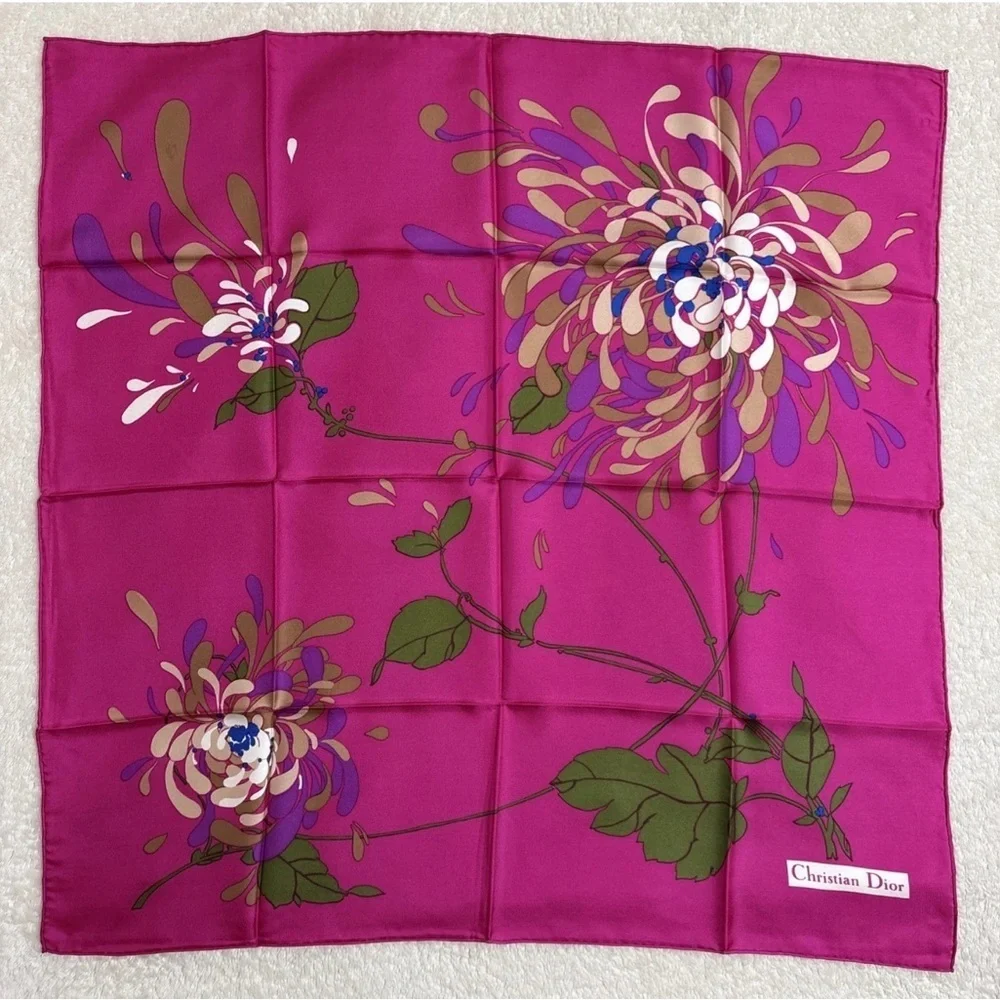 Christian Dior Silk Scarf 30in Fuchsia Pink Floral Botanical Leaves Design